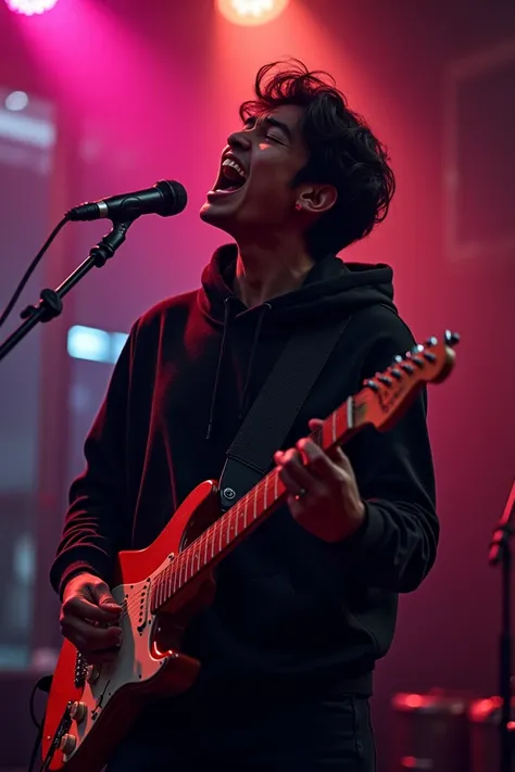 A Thai man in a black hoodie is playing an electric guitar and singing