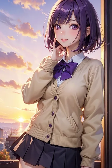 ( best quality, high definition ,8k,inelity detailed background, masterpiece :1.2), pretty girl,( glossy purple hair :1.3), short hair,bob cut, Beautiful purple eyes,autumn,school uniform,Cardigan,skirt,black tights,(zettairyoiki:1.2),Gentle look,A refresh...