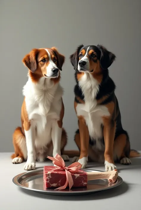 Steel plate .  There is a beef bone on the plate . A beautiful ribbon is tied to the bone.  A shepherd dog is sitting next to each other 