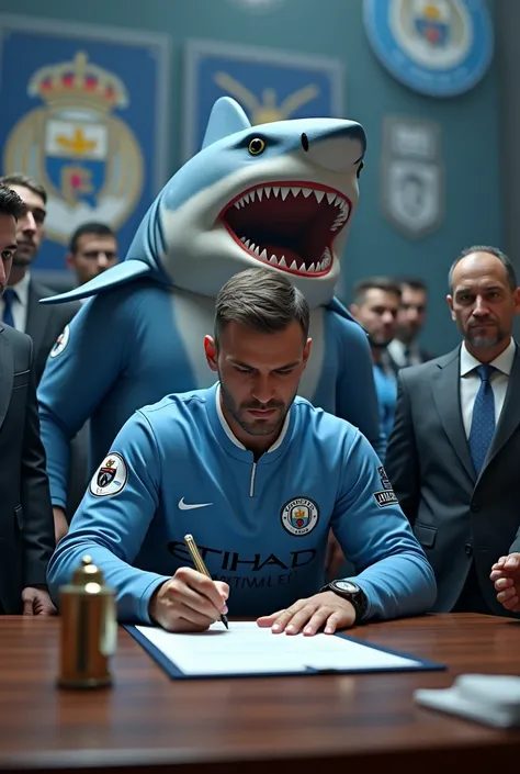 Man City signing for big shark shark in Man City Jersey
