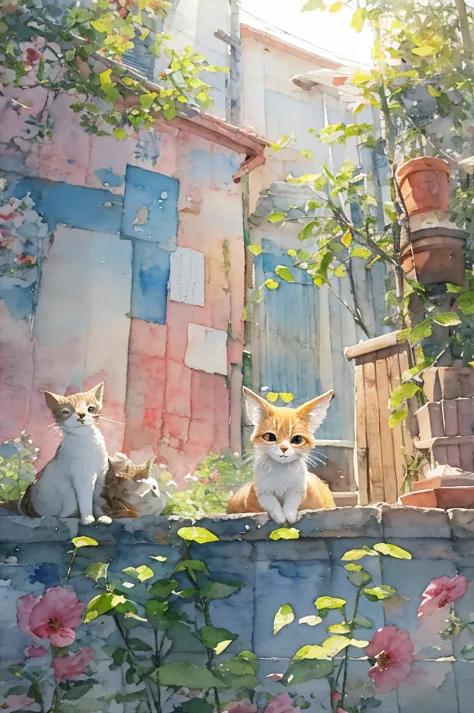 Watercolor、cat、 downtown 、Its a baby fox that looks back，