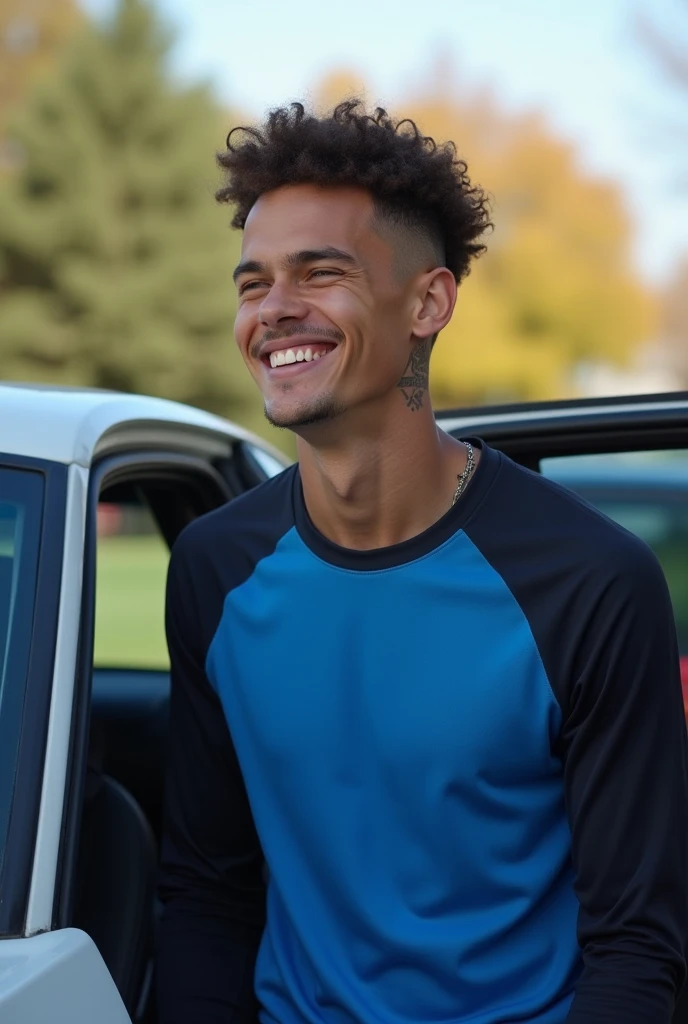 A soccer player getting out of his car blue and black sweatshirt , press, smile, small tattoo on neck, young,  curly short hair , attractive 