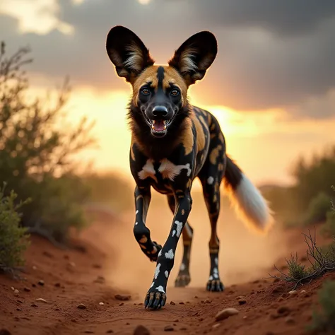 Create a full-body frontal shot of an African Wild Dog. The wild dog features mottled fur with patches of gold, black, and white, showcasing its unique and striking coat pattern. Its limbs are slender yet strong, and its large, alert ears stand upright, re...