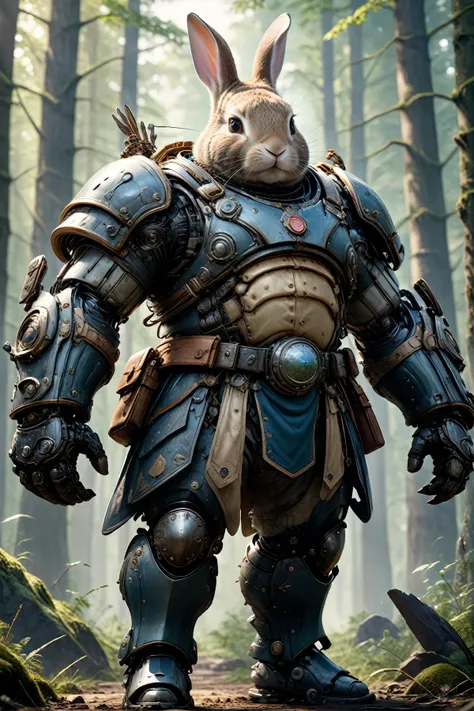 photorealistic portrait of Dressed animals - a ((fat)) Peter rabbit warrior,(brave pose), high quality,() ,intricate detailed giant mechanical arms, highly detailed ((mechanical armor) ,,highly detailed armor, forest background , (brave), natural lighting,...