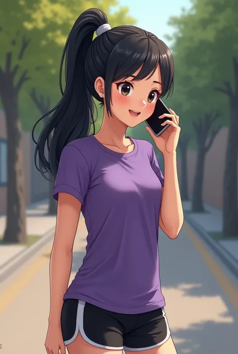 Black ponytail girl wearing purple t-shirt wearing black white sports shorts talking cell phone call with boyfriend