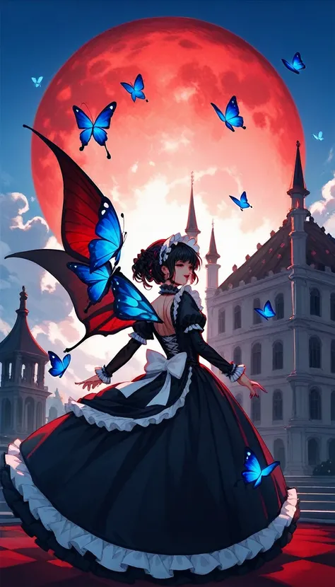 (((Enma Ai)))(())((Female))(((Hell Girl)))((Long black hair))( ((Dark red eyes)))(((Black gothic lolita dress with blue butterfly pattern)))(((Red moon at sunset in the background))((Western-style mansion in the background)) Demon wings on her back