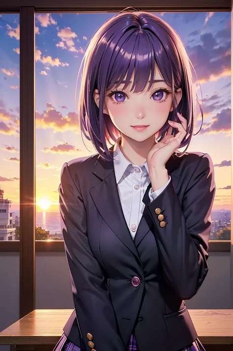 ( best quality, high definition ,8k,inelity detailed background, masterpiece :1.2), pretty girl,( glossy purple hair :1.3), short hair,bob cut, Beautiful purple eyes,autumn,school uniform,blazer,skirt,black tights,(zettairyoiki:1.2),Gentle look,A refreshin...