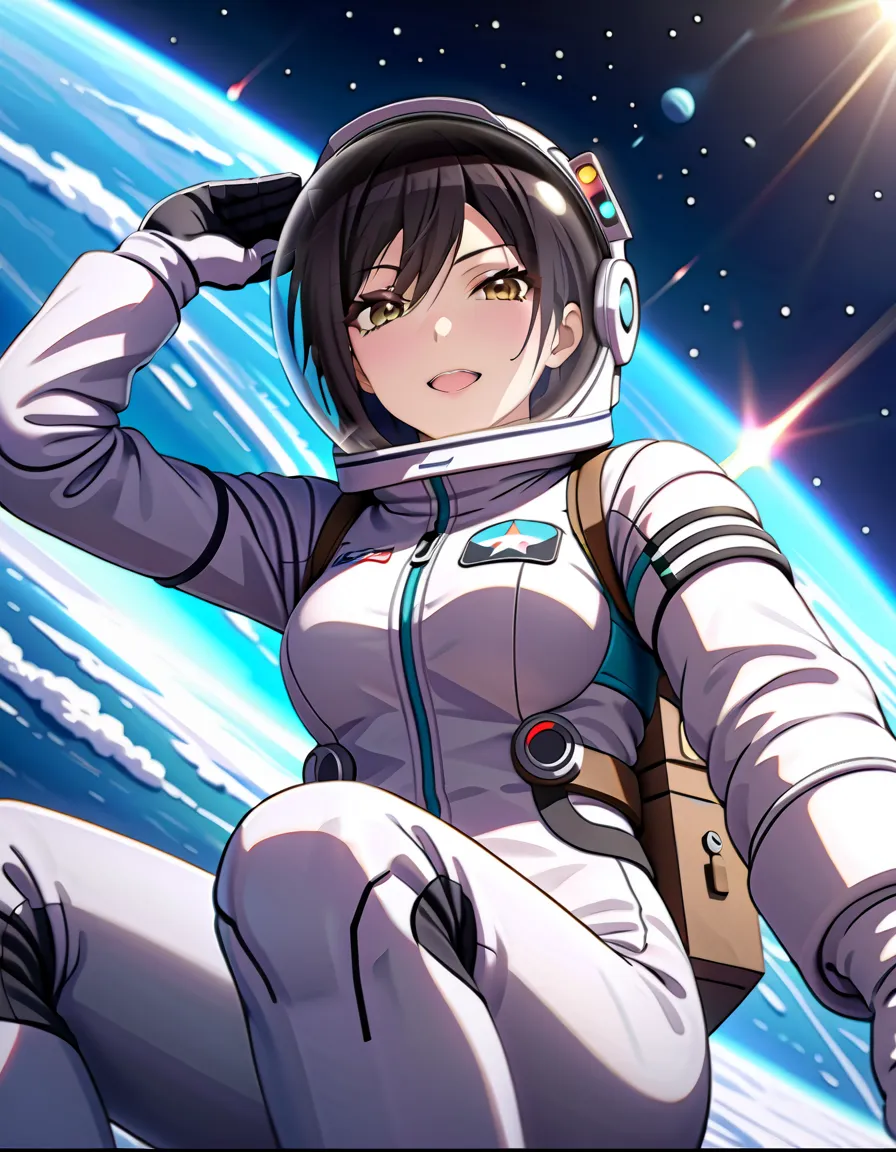 (spacesuit:1.15), white cargo pants, astronaut)bubble helmet, space helmet, white gloves , , looking close at you, outer space, ...