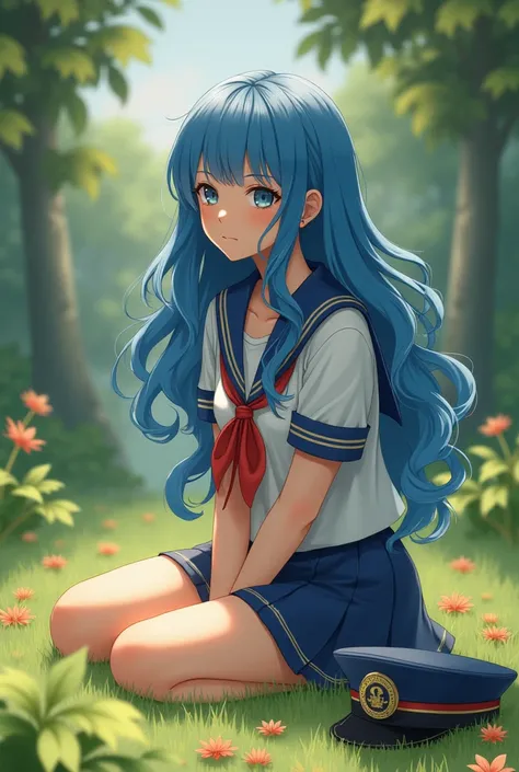 Beautiful girl with wavy long blue hair in the shape of a sailor medium chest she is sitting alone in a clearing and the sailors hat is lying next to her