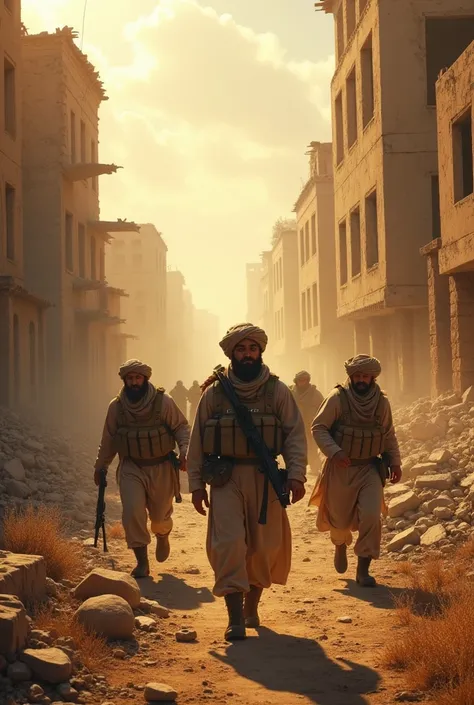 Soldiers wearing turban boxes typical of the middle east by walking in the rubble of destroyed buildings with around the dry grass adorned the scorching daytime sky bravely walking