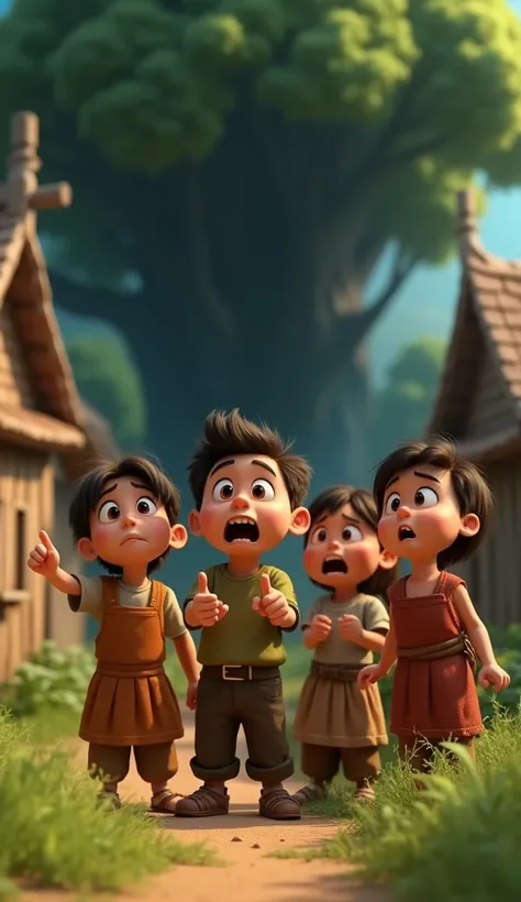 In 3 d cartoon animation "गाँव के कुछ ग्रामीण लोग (साधारण ग्रामीण कपड़ों में) एक साथ इकट्ठा होकर जंगल की ओर इशारा कर रहे हैं। उनके चेहरों पर डर और जिज्ञासा का मिश्रण है। बैकग्राउंड में गाँव के कच्चे घर और दूर जंगल का काला साया दिख रहा है।