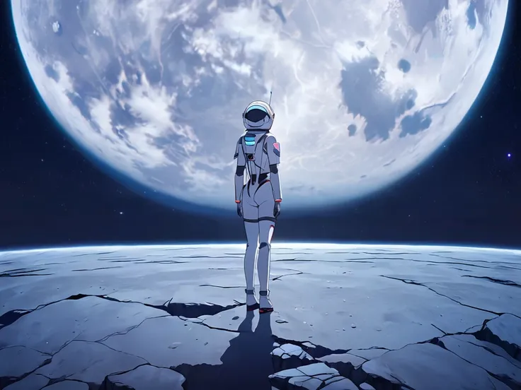 A young girl wearing a detailed, futuristic space suit, standing on the moons surface. The space suit is equipped with advanced technology, featuring a sleek, metallic design with glowing accents. The background shows the barren, rocky landscape of the moo...