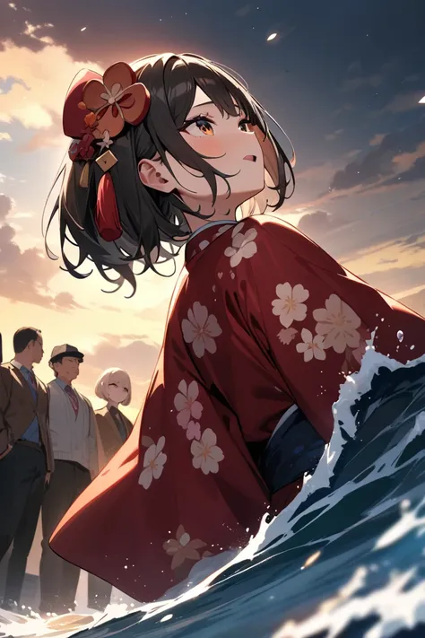 girl，Misaki Mori (new year)，Hololive，Single，Watching the audience，outdoor，Movie Angle，Wave，masterpiece， Best Quality ，Extremely Beautiful ， Very high resolution 