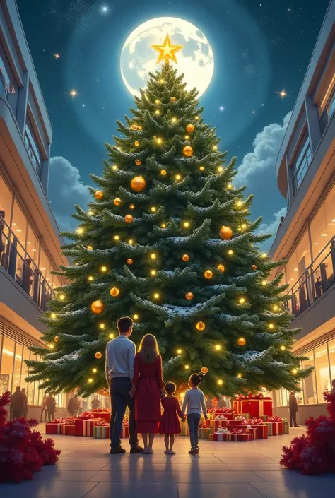 Generate a photo-style image of a Christmas tree inside a modern shopping mall .
location:  in the middle of a food court under the stars and the moon
- the tree must be very large
- it must have a lot of lights
- color of the ornaments between gold and si...