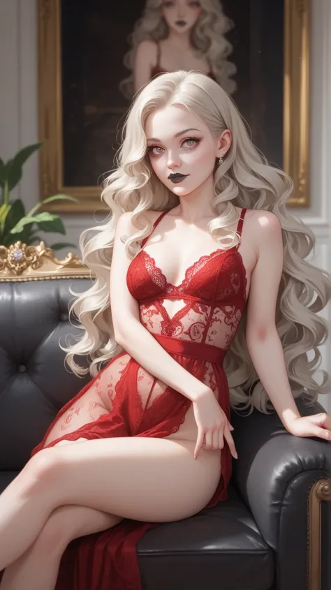  young woman, 23 years old, Scottish , Delicate face,  upturned nose,  very long and slightly wavy hair , color platinum blonde ,  Elongated eyes, of black iris , black lips,  pale skin, slender,   wearing a red lace dress Translucent,white fox ears, Hip l...