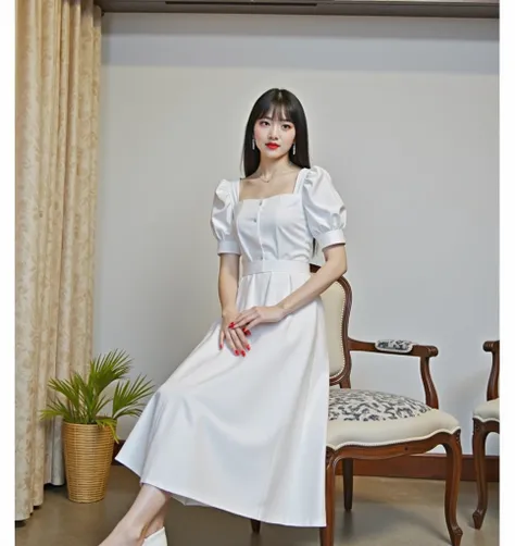 ( real photo :1.5), (( is standing with the best quality )), ((masterpiece)), ( Detailed ),  Korean girl1명(19 years old,  Korean girl ,Office uniform,,  clear, white face , , , Red eyes, Long hair,  perm hair,V characters , Look straight ahead ) Korean gir...