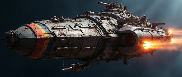 a giant diy dreadnought flying through space, realistic appearance with lots of details, rusty parts, spiky scraps, rainbow colors, turrets all over the ship, cannons all over the ship, rocket thrusters firing at the bottom of the ship