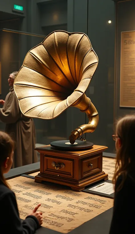 fossil-like gramophone ,  very old gramophone , Explanatory clay version of the ancient Sumerian script,  future people are twisting their heads,  museum researchers , 