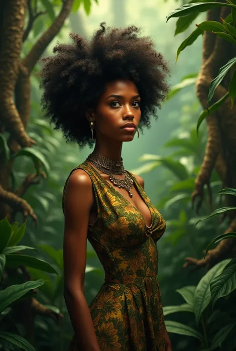 Light skin afro woman wearing a forest like dress and standing in the jungle.  