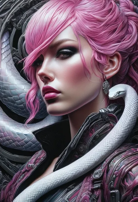 Cyberpunk l close up pink haired female with a white snake around  her neck, portrait, clear sharp focus, featuring a dark and eerie atmosphere hyper realistic, 8K professional photography art, photorealistic masterpiece: by aaron horkey and jeremy mann: i...