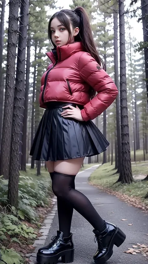 Mean curvy beautiful young schoolgirl ,  beautiful  teen face, short black pleated silk skater skirt,   a young girl in a short black pleated skirt, wearing in a red puffer short shiny puffer, brunet long hair,  beautiful eyes, black stockings,  shoes on h...