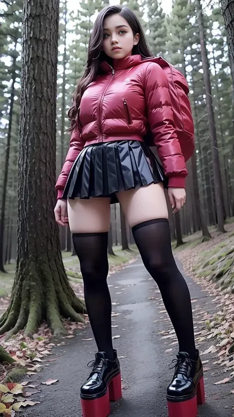 Mean curvy beautiful young schoolgirl ,  beautiful  teen face, short black pleated silk skater skirt,   a young girl in a short black pleated skirt, wearing in a red puffer short shiny puffer, brunet long hair,  beautiful eyes, black stockings,  shoes on h...