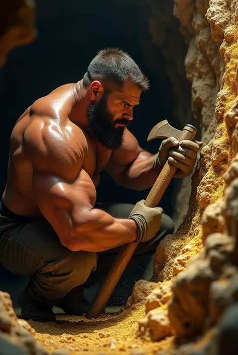 Create a realistic macro image of a muscular man with a pickaxe prospecting a gold mine 