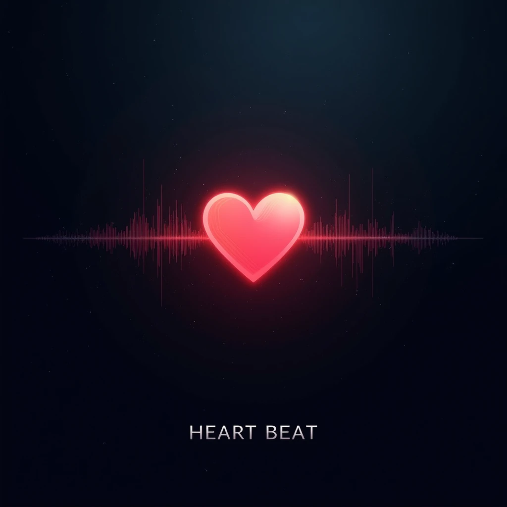 A minimalist and abstract design for a music album cover titled Heart Beat. The central focus is a stylized, glowing heart with pulsating, rhythmic waves emanating from it, symbolizing the heartbeat. The heart is positioned slightly off-center, with a soft...