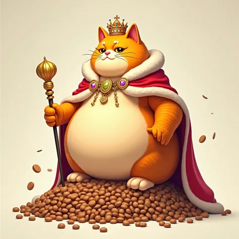 Cartoon of a extremely obese orange cat sitting on a pile of cat dry food. Cat should be wearing royal attire