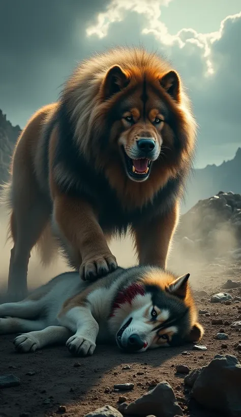 Create an intense battle scene between a Tibetan Mastiff and an Alaskan Malamute. The Tibetan Mastiff, massive and imposing, with thick, lion-like fur around its neck forming a regal mane, dominates the frame. Its paw firmly presses down on the fallen Alas...