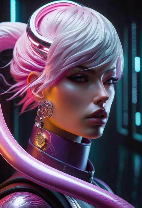 Cyberpunk l close up pink haired female with a white snake around her neck, portrait, clear sharp focus, featuring a dark and eerie atmosphere hyper realistic, 8K professional photography art, photorealistic masterpiece: by aaron horkey and jeremy mann: in...