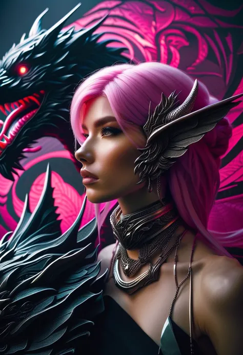 Cyberpunk l close up pink haired female with a black dragon around her neck, portrait, clear sharp focus, featuring a dark and eerie atmosphere hyper realistic, 8K professional photography art, photorealistic masterpiece: by aaron horkey and jeremy mann: i...