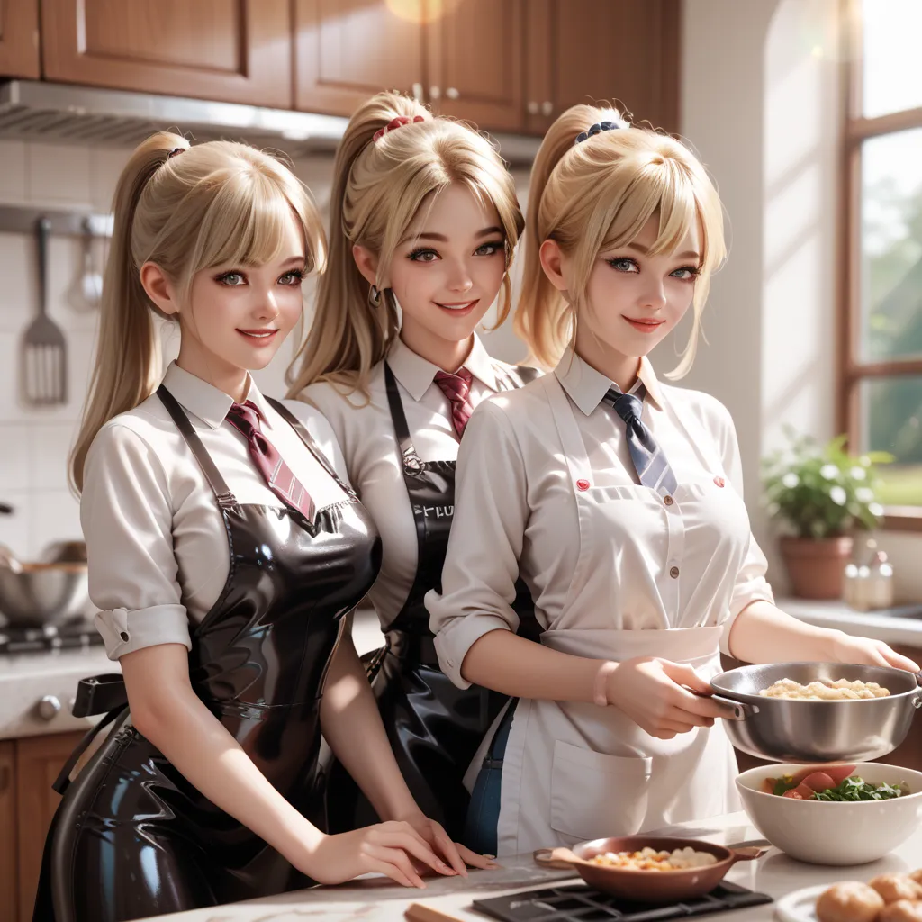 4 girls,  buttoned in extremely tight shiny latex blouse, blonde hair,  ponytail , Bangs, smile, Lens reflection, Reflected light, Are at home and cooking , Necktie, apron 