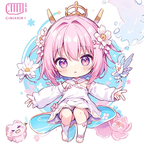 Chibi、(White background),(Chibiキャラ:1.4) 、Alone,full body,cute、Fluffy、 pastel colors 、cute、cute、🌸、🌸、