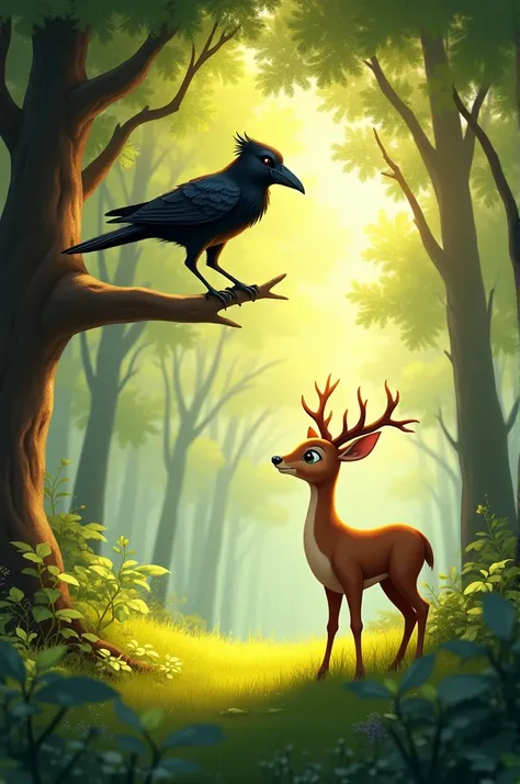 First Scene: Friendship Begins 
"A green forest scene, where a crow and a zoo are making friends in a blazing sun. THE COW IS SITTING ON A STRONG BRANCH AND THE ZOO IS PICKING GRAINS ON THE GRASS BELOW."
