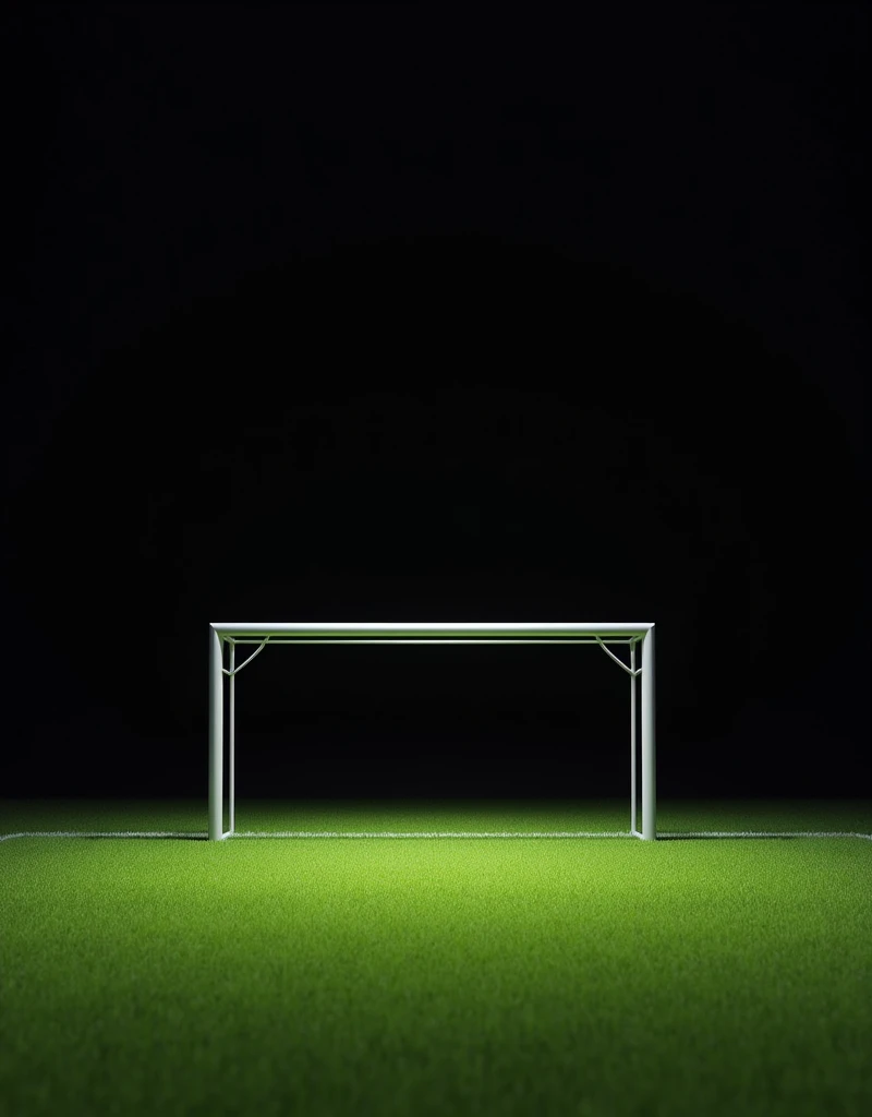 a soccer goal post with black background with green field