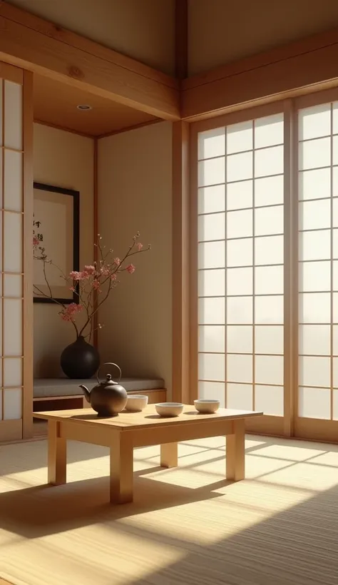 A hyper-photorealistic depiction of a serene traditional Japanese room, featuring a tatami mat floor, shoji sliding doors with translucent rice paper panels, and a low wooden table adorned with a simple teapot and cups. The room is lit by soft natural ligh...