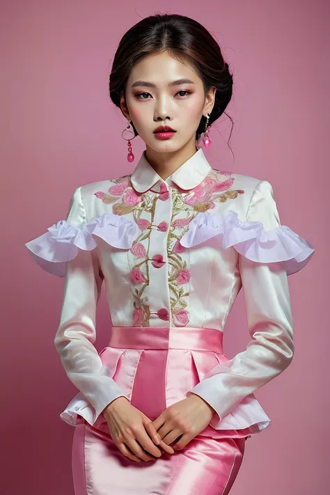 A Korean man in ladies vintage suit dress, he is crossdresser, body like a woman, slender female body, His hairstyle is short and manly, white and pink, long sleeves, Rich frills, short jacket, mermaid line long skirt, silk, sit quietly