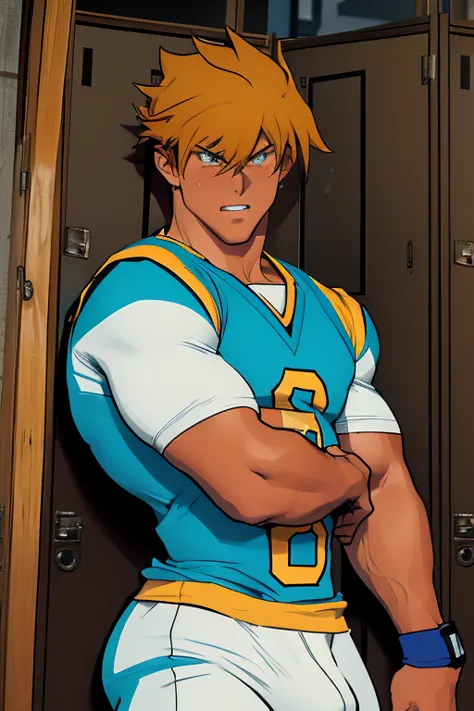 jounouchi katsuya from yu-gi-oh, bodybuilder, sweaty, defined body, big legs, locker room, leaning against the lockers, wearing ...