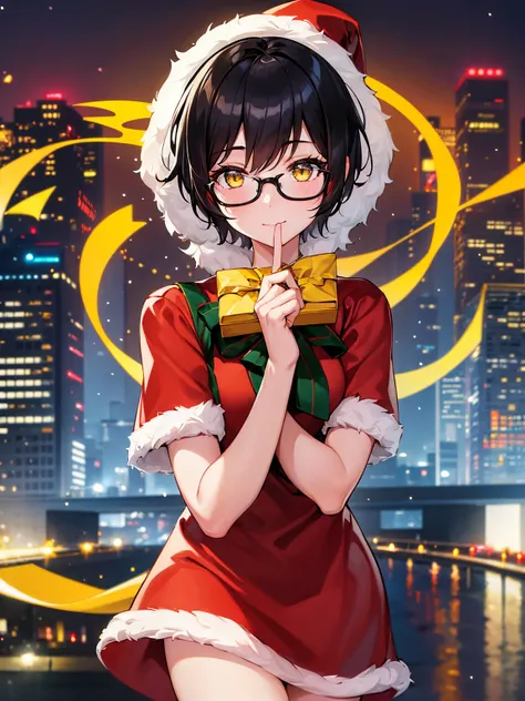 1girl, short black hair, yellow eyes, wearing santa costume, wearing glasses,city, absurdres, high res, ultrasharp, 8K, masterpiece, looking at viewer, christmas, 