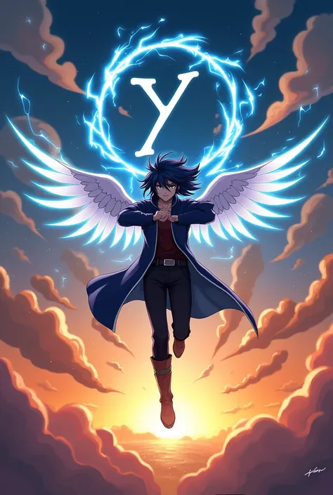 Title and Logo:

• Title: "Yash Beyond the Limits"

• Font: Bold, Arial Black

• Logo: Stylized letter "Y" with wings (symbolizing freedom and power)

Main Character:
• No show face -age 19 , normal dress , male , anime , long hair dark blue hair , dark li...