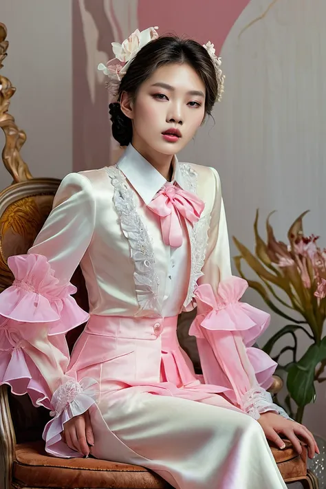 A Korean man in ladies vintage suit dress, he is crossdresser, body like a woman, slender female body, His hairstyle is short and manly, white and pink, long sleeves, Rich frills, short jacket, mermaid line long skirt, silk, sit quietly