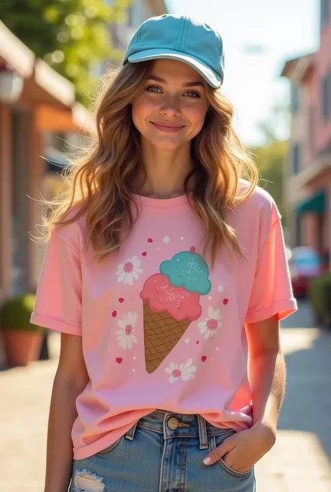  Create a woman wearing a baby pink t-shirt with an ice cream design,  jeans, blue baby cap and smiley  