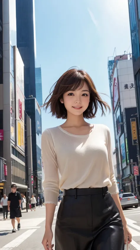 highest quality、genuine、Super detailed、finely、High resolution、8k wallpaper、one beautiful japanese woman Walking  Under the skyscraper、light brown short hair、sharp focus、perfect dynamic composition、beautiful and detailed eyes、thin short hair、Detailed genuin...