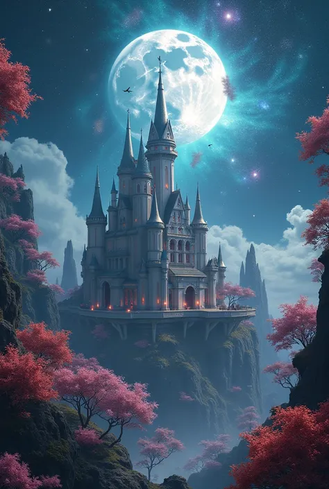 Build a city in space, there is a full moon, there is a castle, there is a galaxy, a galaxy is full of stars, there are fairies around, there are many colored trees. 