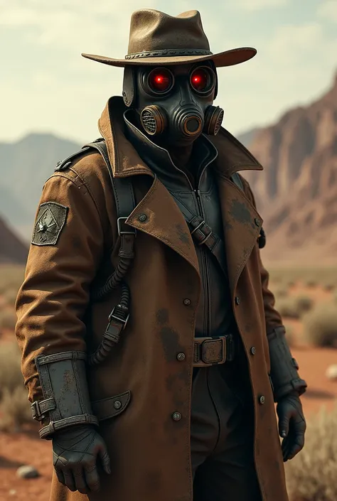 NCR vetetran anger from fallout new vegas, wearing a gas mask with glowing red eyes. Also wearing a helmet and a long trench coat while having armor plates below the coat.