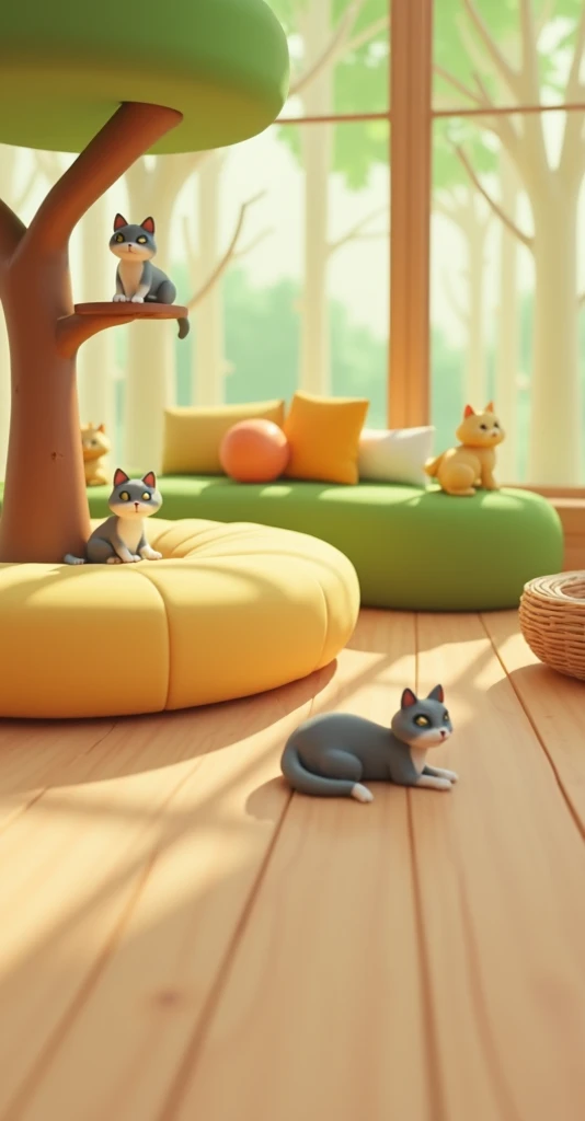 A 3D high model cartoon style scene ，Clear，The bright and spacious interior room ， Create an indoor cat park，. There is a disc-shaped sofa seat with a tree-like wooden stand with a cat climbing on it， also has some cushions and cat nests on the floor ，Many...