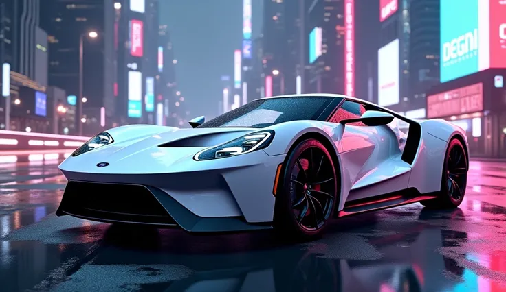 "Create a highly detailed and realistic image of a modern urban road with a sleek 2024 white Ford GT parked prominently in the foreground. The car should appear luxurious and visually stunning, with aerodynamic design, and high gloss. The backdrop features...