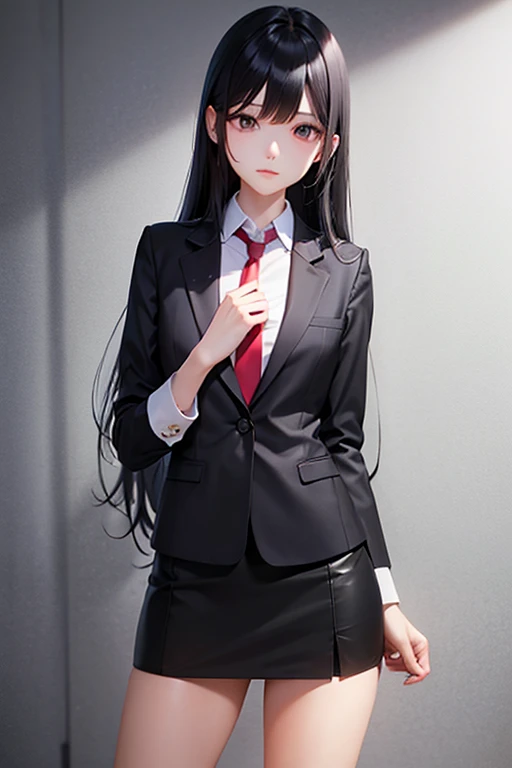 Black hair, long hair, beautiful, straight hair, slender necktie, uniform, miniskirt, carrying a classroom print