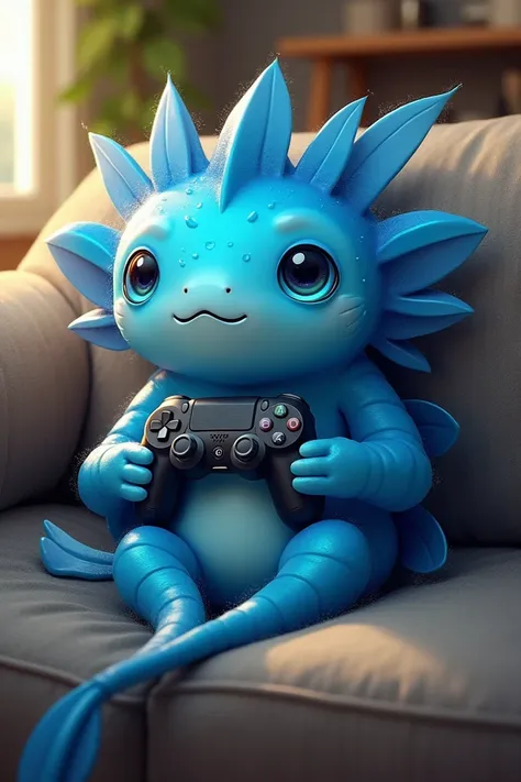 Shimmering blue axolotl with game controller lying with hands on a sofa 